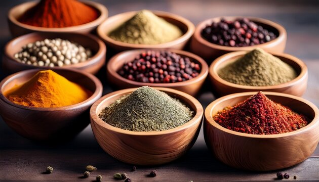 Wooden Bowls Filled With Various Spices