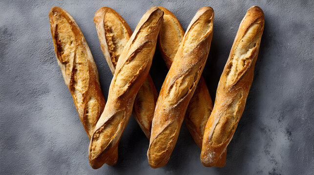 Freshly baked french baguettes displaying golden crust on grey surface