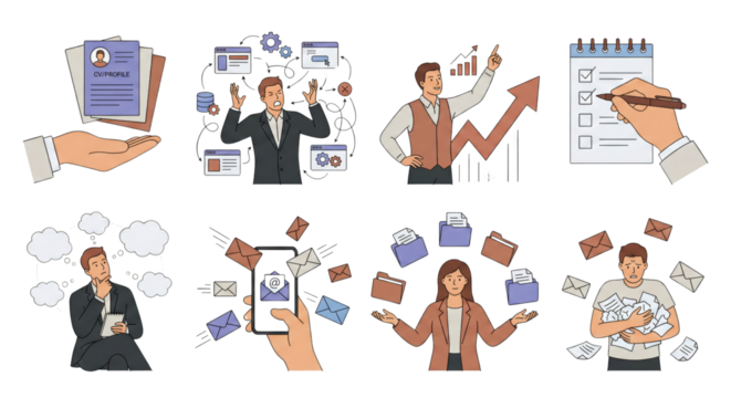 Business process management depicted through stylized illustrations on a transparent backdrop