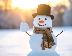 Cheerful snowman with a hat and scarf stands on snow in golden light
