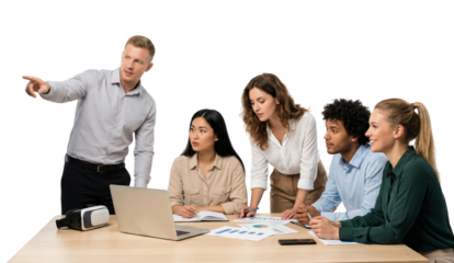 Diverse team collaborating on a project, utilizing technology and creative problem solving to