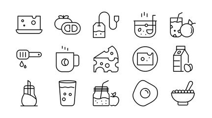 Fototapeta premium Breakfast line icon Set. Egg, cereal, croissant, jam, orange juice, tea, omelette, fruits, kettle, bread, salad, coffee, morning food, drinks, dishes icons vector illustration. Pixel-perfect stroke