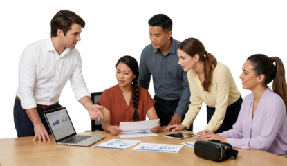 Diverse team collaboratively analyzing charts and VR technology in modern office setting with