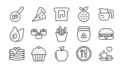 Breakfast line icon Set. Egg, cereal, croissant, jam, orange juice, tea, omelette, fruits, kettle, bread, salad, coffee, morning food, drinks, dishes icons vector illustration. Pixel-perfect stroke