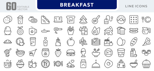 Breakfast line icon set. Egg, cereal, croissant, jam, orange juice, tea, fruits, bread, salad, coffee, morning food, drinks, dishes icons vector illustration. Editable pixel-perfect stroke