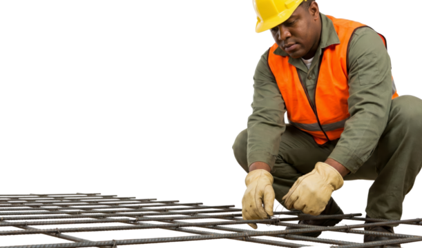 Focused construction worker securing rebar with wire on an isolated transparent background