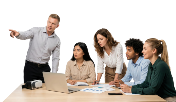 Diverse team collaborating on a project, utilizing technology and creative problem solving to - Powered by Adobe