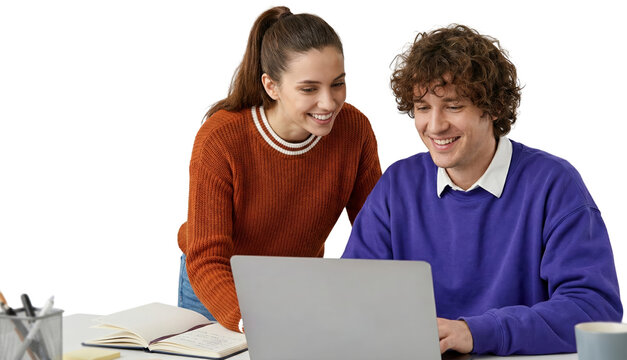 Cheerful students collaborating on a project using laptop with isolated background for creative