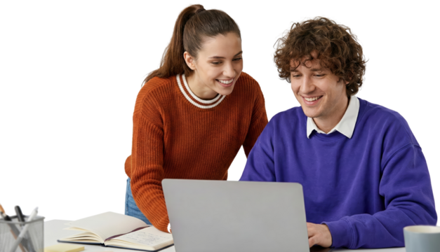 Cheerful students collaborating on a project using laptop with isolated background for creative