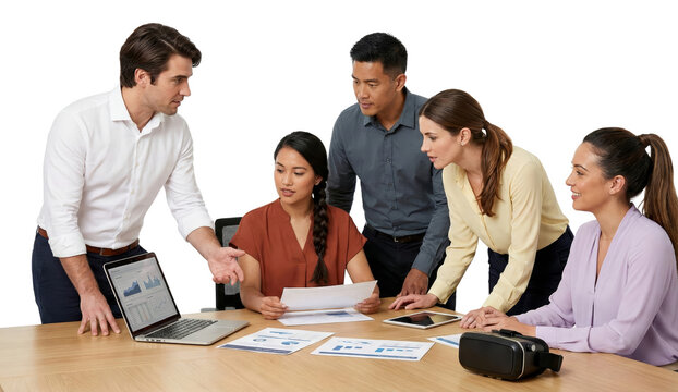 Diverse team collaboratively analyzing charts and VR technology in modern office setting with