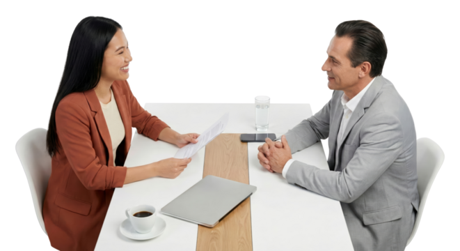 Positive interview scene with diverse candidates, collaborative atmosphere and isolated
