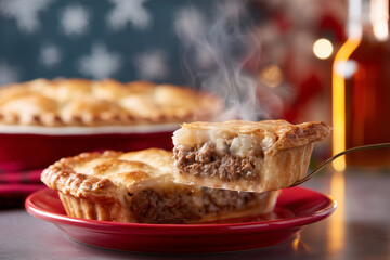 Steaming slice of Quebec tourtiere lifted from golden crust pie with warm holiday backdrop for winter comfort food and seasonal cuisine themes