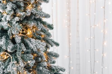 Snowy frosted Christmas tree branches decorated with warm glowing string garland lights, with illumination on background. Soft winter atmosphere for holiday backdrop and seasonal designs, copy space