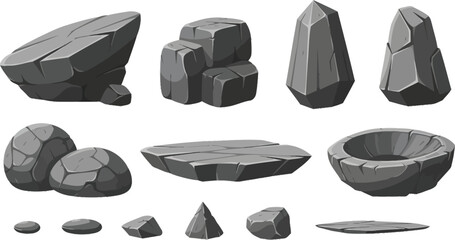 A comprehensive collection of various gray cartoon rocks, boulders, and stones for game design assets and natural landscape illustrations