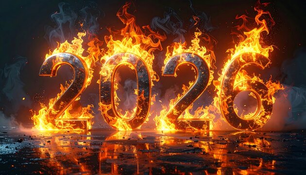 Burning '2026' ablaze, surrounded by smoke on a dark surface; fiery display