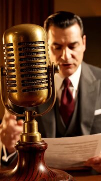 Man in suit speaks into vintage microphone while reading script at table in dimly lit room, creating a nostalgic atmosphere.