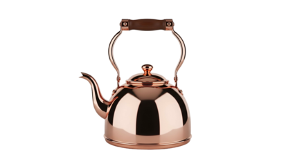Shiny copper kettle with wooden handle, isolated on black background