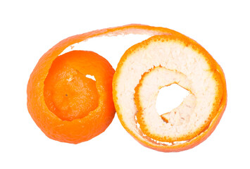 Orange peel spiral and partially peeled orange isolated on white background
