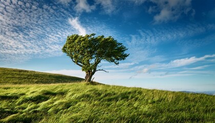 Windswept Tree On Hilltop Under Blue Sky With Wispy Clouds