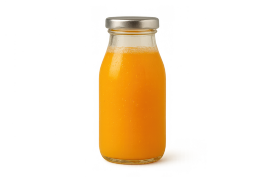 Fresh orange juice in a clear glass bottle with a metal cap, a healthy fruit drink on a transparent background