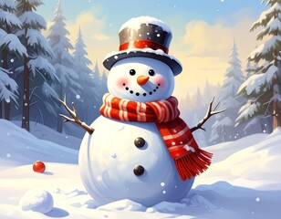 Cheerful snowman with top hat and scarf stands in snowy winter landscape with evergreen trees