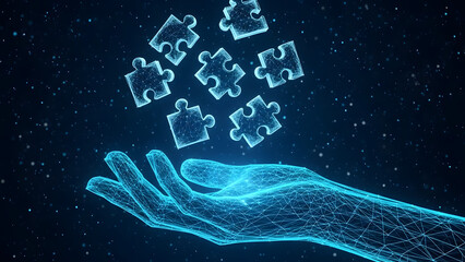 Futuristic glowing blue wireframe hand releasing floating puzzle pieces against dark digital background