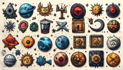 Assorted hand-drawn retro-futuristic icons planets, stars, spacecraft, tools, and other fantasy elements