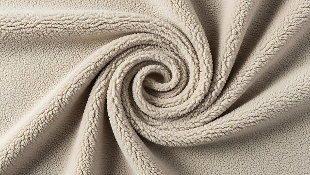 Swirling beige sherpa fleece fabric texture close up image