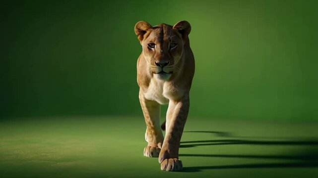 Young lioness walking forward against green screen showcasing sleek tawny fur and natural grace video footage