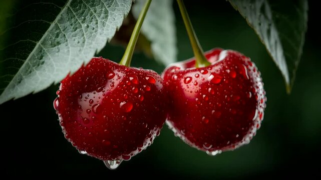 Juicy red cherries with sparkling dew hanging from green stems against dark foliage creating a fresh natural fruit still life