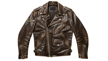 A vintage, brown leather motorcycle jacket with asymmetrical zip and skull patch