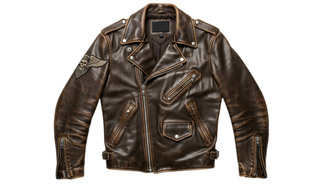 A vintage, brown leather motorcycle jacket with asymmetrical zip and skull patch