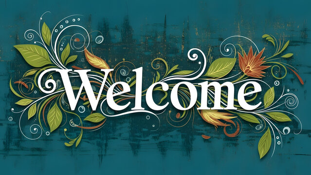 Elegant welcome text surrounded by ornate floral swirls and autumn leaves on textured background