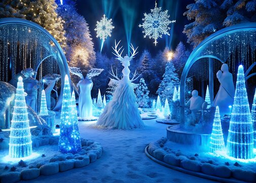 Enchanting winter wonderland with illuminated ice sculptures and festive decorations