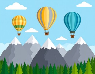 Cartoon illustration of colorful hot air balloons soaring over mountains and forest, under a partly cloudy sky