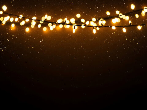 Festive warm lights string with sparkling bokeh for holiday celebration templates