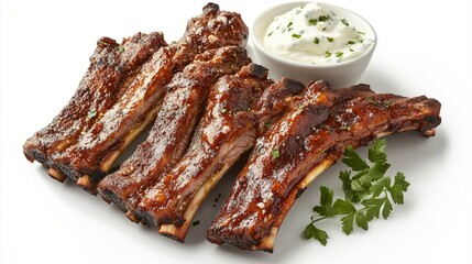Sizzling grilled pork ribs with caramelized barbecue glaze, served alongside a creamy herb-flecked dipping sauce and fresh parsley garnish