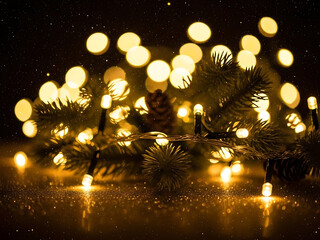 Festive glowing lights on pine branches evoke cozy winter holiday celebrations