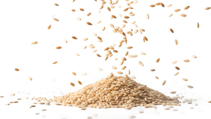 Falling sesame seeds scattered midair on a fully transparent background.