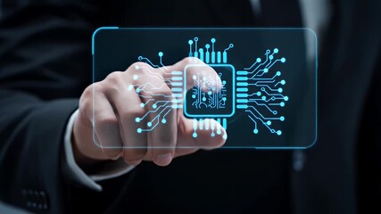 Man in Dark Suit Pointing at Glowing Blue Chip Icon in Transparent Display Innovation Data Technology Semiconductor Circuit Board Modern Cyber Tech