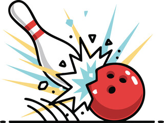 Obraz premium Dynamic Cartoon Graphic of Bowling Ball Striking a Pin with Impact