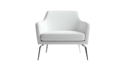 A sleek, modern white armchair isolated on black with chrome legs and a minimalist design