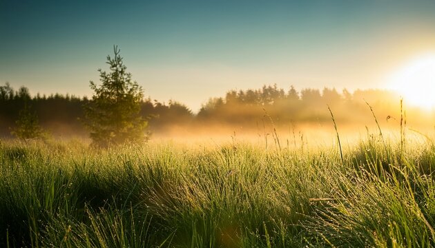 Sunlit Meadow Mist Lush Grass Perfect For Branding - Powered by Adobe