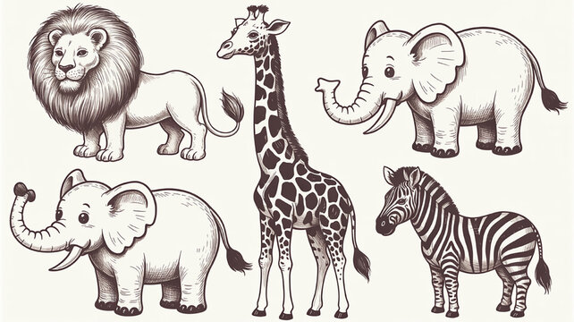 Set of hand-drawn African animals including a lion giraffe elephant and zebra vintage illustration for childrens books and educational materials