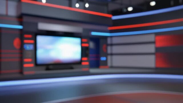 Professional virtual TV studio set with a blurred backdrop, ideal for news broadcasting, presentations, and interviews