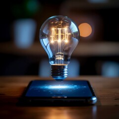 Lightbulb Hologram Representing Business Idea Emerging from Mobile