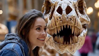 Woman smiles at a Tyrannosaurus Rex skeleton in a museum.