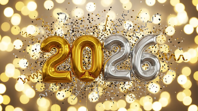 Metallic 2026 balloon letters with confetti and bokeh effect on transparent