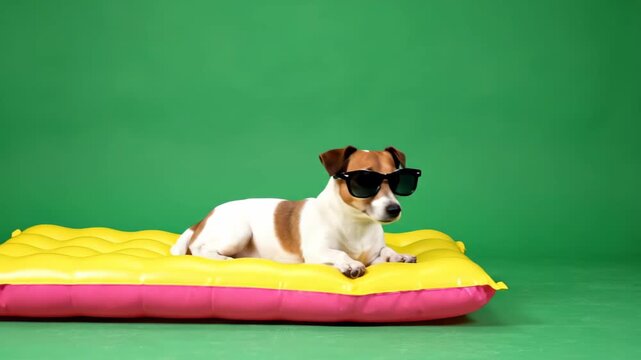 Green Screen Dog Relaxing Sunglasses Pool Float Closeup Scene