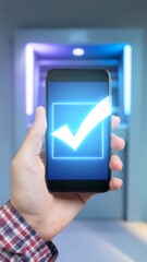 Mobile ATM Cash-Out Success Hologram with Biometric Checkmark